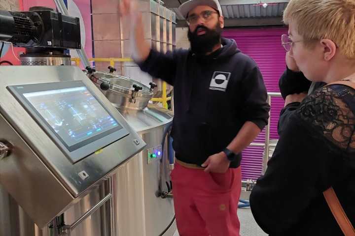 a group of people standing in a room