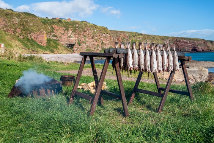 Fish hanging on a wooden rack by a seashore with smoke rising from a fire pit.